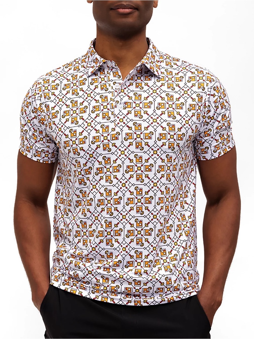 NEW Waggle Old Fashioned Drink Print Polo Shirt, Small